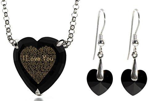 Heart Jewelry Set for Women I Love You Necklace in 120 Languages Inscribed in Pure Gold on Cubic Zirconia Romantic Birthday Gift for Her Heart-Shaped Pendant and Crystal Earrings, 18"