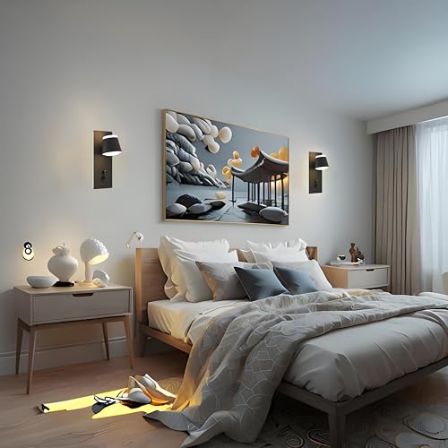 Sytmhoe 2 Pieces Wall Sconces with USB Charging Type C Bedroom, 16 W 3000 K Dimmable Rotatable Lamps for Wall Light Switch, Black Aluminium Led Lights Lamp Reading Lamp Bedside Wall