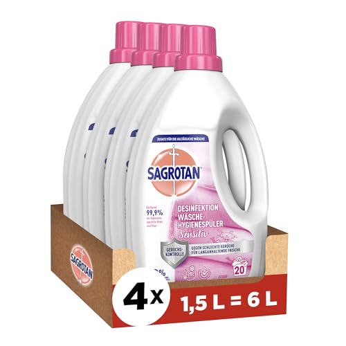 Sagrotan Wäsche-Hygienespüler Sensitiv 0% – Desinfektionsspüler für hygienisch saubere und frische, ohne Farb- und Duftstoffe – 4 x 1,5 l Reiniger im praktischen Vorteilspack thumbnail 1