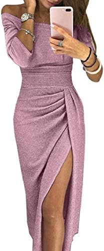 Jmwss QD Women Shiny Off Shoulder Ruched Thigh Slit Clubwear Long Dress