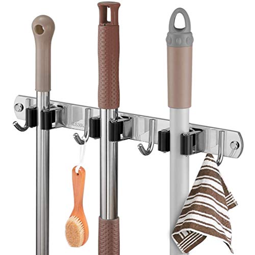 Fyrcomft Mop and Broom Holder Wall Mounted 15" Metal Heavy Duty Hanging Garage Tool Organizer Rack Adhesive with 3 Racks 4 Hooks, Black - Thumbnail 7