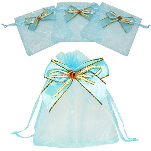 LanTian Organza Bags, 50 Pcs Gift Bags Organza Drawstring Pouch for Jewelry Birthday Wedding Party Favors Gift Candy Christmas Thanksgiving Halloween (Light Blue, 4