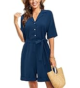 ULTRANICE Womens Short Sleeve Lapel Button Jumpsuits With Waistband Pocket Shorts Romper Casual S...