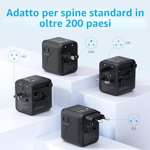 5 in 1 Universal Travel Adapter,Universal Travel Socket with 1 USB A,2 USB C,1 Universal Socket,1 US/JP Socket and Adapter International Plug for Italy UK US Australia Thailand Mexico