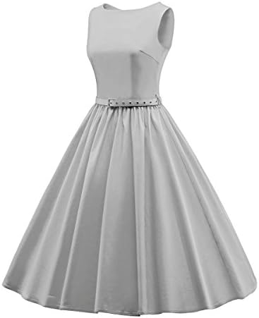 Betusline Women's BoatNeck Sleeveless Vintage Swing Dress With Belt Grey