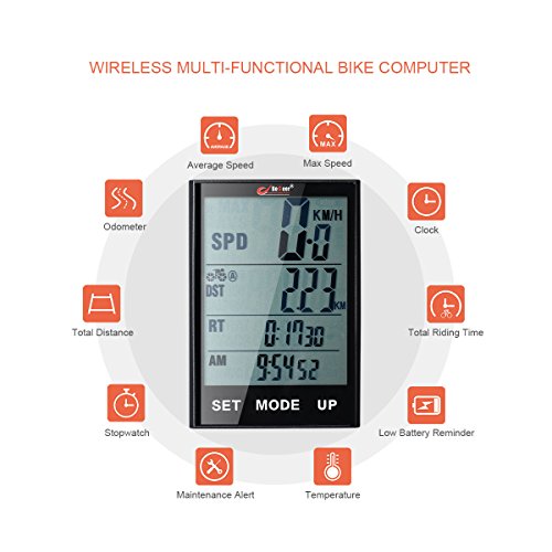 Wirless Bike Speedometer Computer - Multifunction Bicycle Cycle Cycling Odometer Computer Waterproof with Backlight Large LCD Screen