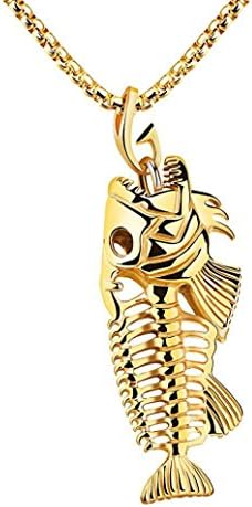 ARINLA Mens Womens Fish Bone &amp; Fishing Hook Skeleton Stainless Steel Pendant Necklace Jewelry