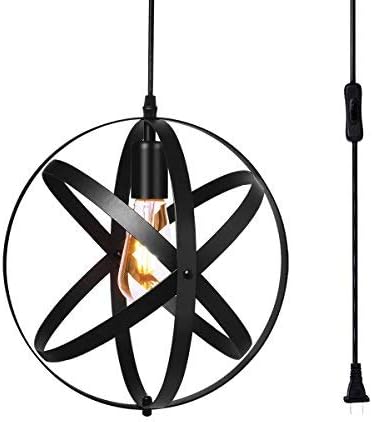 Vintage Metal Pendant Light, SEEBLEN Industrial Metal Spherical Pendant Displays Changeable Hanging Lighting with 15 Ft Plug in Cord and On/Off Switch (Black)