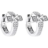Crystal Cross Hoop Earrings Trendy Sterling Silver Plated Cubic Zirconia Earring Small Religious Tiny Huggie Hoops Wedding Party Hypoallergenic Lightweight Gift Jewelry for Women Mom Valentine's Day