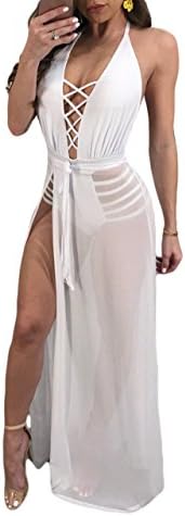 Cutedi Womens Halter Tie Backless Mesh See Through V Neck Cut Out Split Maxi Long Club Dress White S