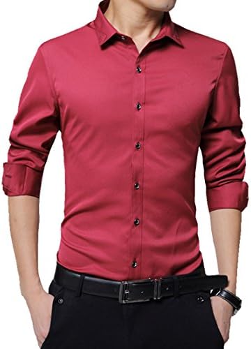 JHVYF Mens Slim Fit Shirts Long Sleeve Button Down Dress Shirts Wine Red US L(Asian 4XL)
