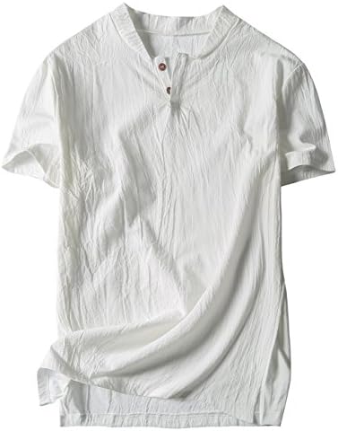 GARSEBO Men Linen and Cotton V neck Short Sleeve T Shirts Casual Tee (2XL, White)