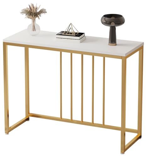 Beauenty Console Table for Entryway, 100cm Entryway Table with Golden Frame, Narrow Long Sofa Side Table,TV Cabinet, Hallway Table for Bedroom, Living Room, Foyer (Gold & White)