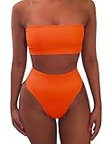 Ybenlow Women's 2 Piece Solid Bandeau Swimsuit Top Bottom Set,Orange,Large