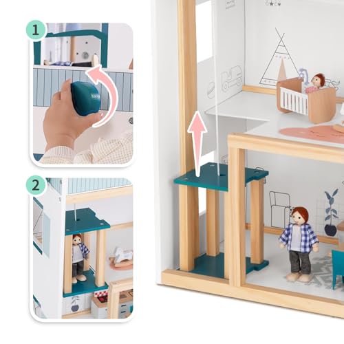 OOOK Wooden Dollhouse with Elevator, Large Doll House for Girls from 3 Years, Includes 21 Furniture, 4 Family Dolls and a Dog