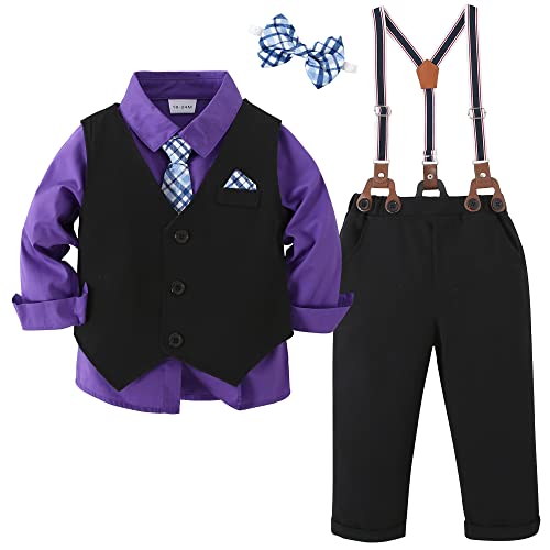Toddler Suit Baby Boys Clothes, Formal Dress Shirt with Bowtie + Stylish Tuxedo Vest + Suspender Pants Outfit Sets Gentleman
