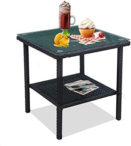 WWVVPET Spring Party Patio Side Table Coffee Table Tea Table PE Rattan Outdoor Indoor Square Table Balcony Small Table (Black)