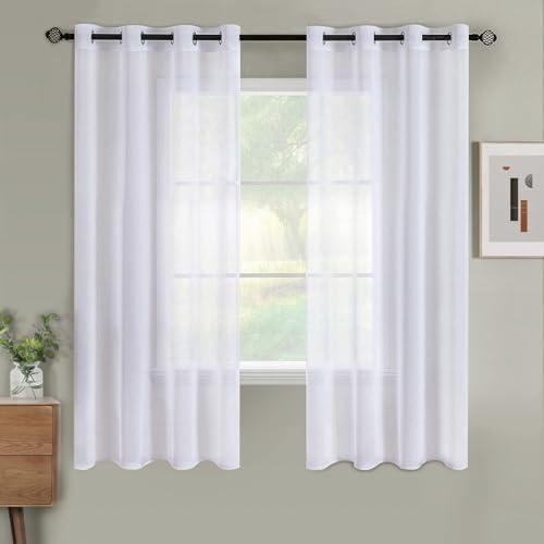 Woaboy Modern Living Room Curtains Short White Curtains for Windows 2 Pieces 140 x 145 cm Curtains Bedroom Curtains Translucent Polyester with Rings White