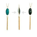 HUIMEI Long Tassel Pendant Necklace with Double Color Oval Shape Stone Reversible Pendant