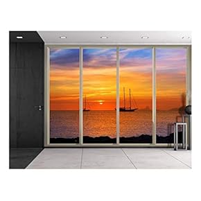 Wall26 - Sunset Over The Ocean as Boats Sail Near The Rocks Viewed from Sliding Door - Creative Wall Mural, Peel and Stick Wallpaper, Home Decor - 66x96 inches