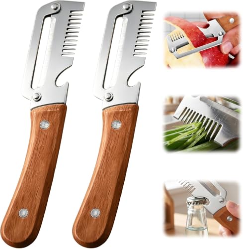 2 Pieces Multifunctional Vegetable Peeler for Kitchen, 3-in-1 Peeler with Wooden Handle, Stainless Steel Blade and Bottle Opener, Zero Flex Kitchen Utensil for Fruit and Vegetables