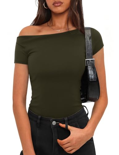 Totatuit Women's Cotton Fitted Short Sleeve Off Shoulder Top Sexy Y2K Solid Spring and Summer T-Shirt