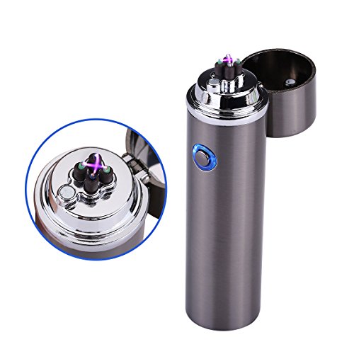 Electric Lighter USB Rechargeable, Acetek Electronic Double Arc Beam Cigarette Plasma Lighter Flameless Windproof No Gas, Metal Body, Gift Box (Grey))