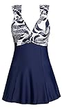 MiYang Women's One Piece High Waist Printing Swim Dress Swimwear,Dark Blue Flower,XX-Large(US size:16W)