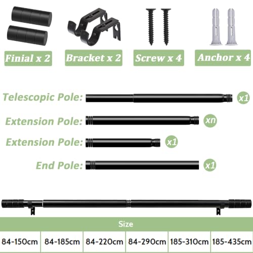 Extendable Curtain Rod Stainless Steel Adjustable Curtain Rod Set for Living Room, Bedroom, Diameter 25 mm, 84-150 cm (Silver)