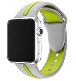 EloBeth for Apple Watch Band, Soft Silicone Sport Style Replacement Wrist Strap Stripe Color Splicing for Apple Watch Bnads Series 2/Series 1, Sliver/Green 42mm