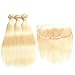 ALLRUN Straight Human Hair 613 Blonde Hair Bundles With Closure Free Part Grade 7A Brazilian Human Hair Double Weft Bleached Blonde Hair(12 14 16 +10