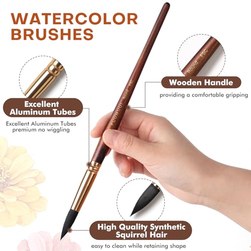 Watercolor Brushes Professional, Fuumuui 10Pcs Synthetic Squirrel Hair Water Color Paint Brush Set for Artists - Flat, Round Pointed, Dagger, Cats Tongue Oval Wash for Watercolor Gouache Inks Painting