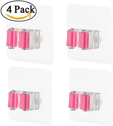 Mop and Broom Holder Seamless Hook 4-Pack Free Punching Wall Mounted High Strength Sticky Durable Kitchen Bathroom Self Adhesive Rack Magic Cup (Pink)