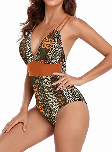 Husmeu Women's Vintage Swimsuits for Women Tummy Control One Piece Bathing Suits High Waisted Sexy Monokini Swimwear Printed Brown S
