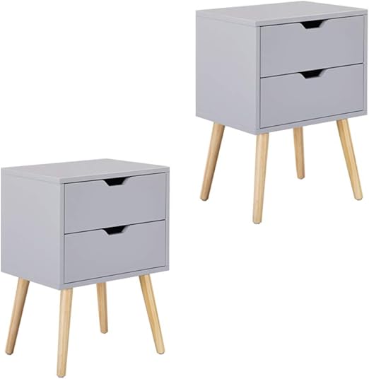 Amazon Com Kswin 2 Drawer Nightstand Gray Side Table Solid Wood Legs End Table Living Room Bedroom Furniture Set Of 2 Kitchen Dining