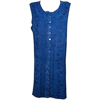 Mogul Interior Womens Shift Dress Sleeveless Embroidered Button Front Boho Summer Chic Sundress M/L