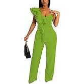HBQ Womens Casual One Piece Jumpsuits V-Neck Sleeveless Ruffle Backless Belted Elegant Romper Wide Leg Pant Sexy Party Clubwear Overalls-Light Green-XL