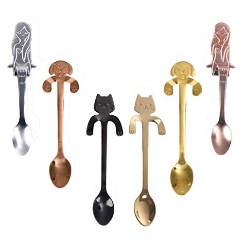 IYSHOUGONG 6 PCS Coffee Spoon Cat Hugging Spoon Mermaid Dog Hanging Spoon Dessert/Mixing/Milkshake Spoon Tableware Flatware Gadgets