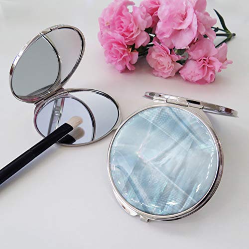Makeup-Compact-Pocket-Mirror-Mother-of-Pearl-Round-Double-Sided-Folding-Magnify-Digital-Fractal-Blue-Silver