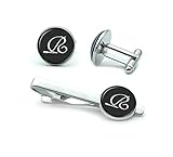 Mens' Personalized Initial Set of Cufflinks and Tie Clip Silver Suit Letter Cuff Link with Giftbox A-Z