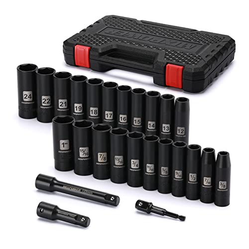 Photo 1 of MIXPOWER 25 Pieces 1/2-Inch Drive Deep Impact Socket Set, CR-V, Metric/SAE, Includes 12mm to 24mm, 3/8-Inch to 1-Inch, 3", 5" Extension bars, 1/2"-1/4" Adapter