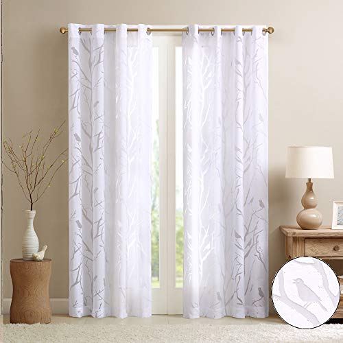 Madison Park Semi Sheer Single Curtain Modern Contemporary Botanical Print Out Design, Grommet Top, Window Drape for Living Room, Bedroom and Dorm, 50x95, Bird White