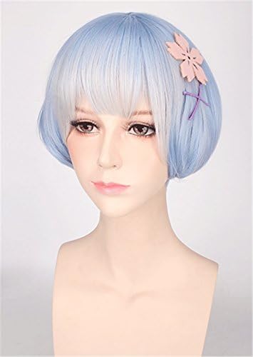 OYSRONG 30cm Anime Childhood Ram Rem Blue Pink Short Straight Cosplay Heat Resistant Lace Cap Wig For Women (blue)