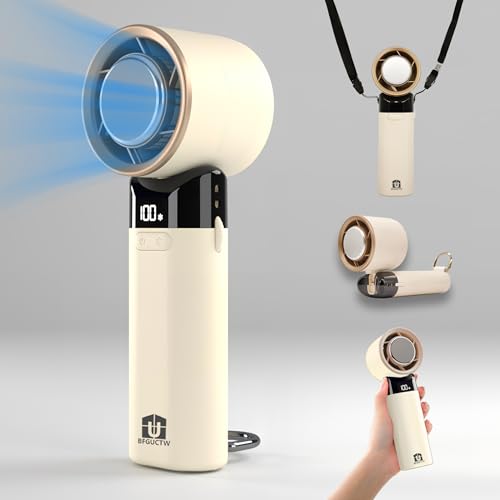 BFGUCTW Portable Handheld Fan Turbo, High Speed Cooling Mini Fan Handheld, Digital Display,Portable Cold Air for Makeup, Travel, Camping, Outdoor Use,Gifts for Women (Beige)