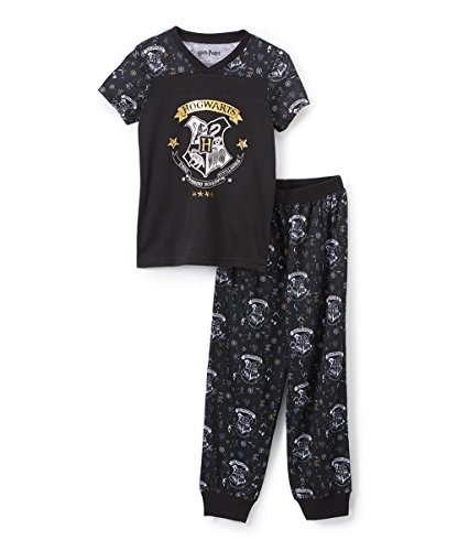 Harry Potter Big Girls' Hermione Granger 'Hogwarts Golden Snitch Crest' Jogger Athletic Pajama Set, Black, 7