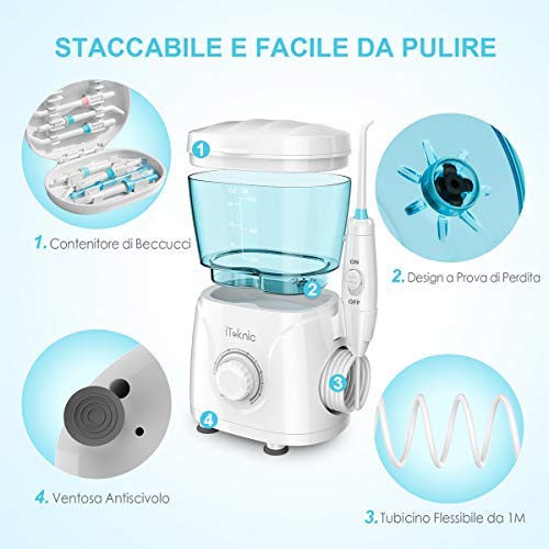 Idropulsore Dentale Professionale iTeknic Irrigatore Dentale Elettrico Irrigatore Orale con 7 Beccucci Intercambiabili, 10 Impostazioni di Velocità e Serbatoio da 600ml per Pulizia Dentale Igiene Dentale