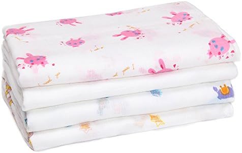 Muslin Swaddle Blankets Girls 4 Pack Bunny,Giraffe,Whales 47x47" Large 100% Organic Cotton Nursery Bedding Set Jungle-to-Sea