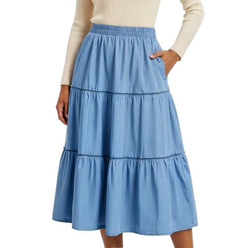 DREFBUFY Women's Mae Pleated Flowy Skirt Denim Tiered Elastic Waist Rufflasual Long Jean Skirts with Pockets for Summer (US, Alpha, XX-Large, Regular, Regular, Light Blue) at Amazon