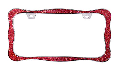 Creathome 3D Shining License Plate Frame, Chrome with Shining Red Chunky Gliter, Pure Zinc Alloy Metal