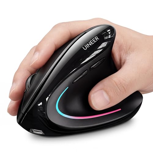 Uineer Ergonomic Wireless Mouse, Bluetooth Rechargeable Vertical Mouse, 7 Color LED, 4 DPI Adjustable, USB-A, Wrist Strain Relief,Optical Mice for Computer/PC/Laptop, Black (Black)